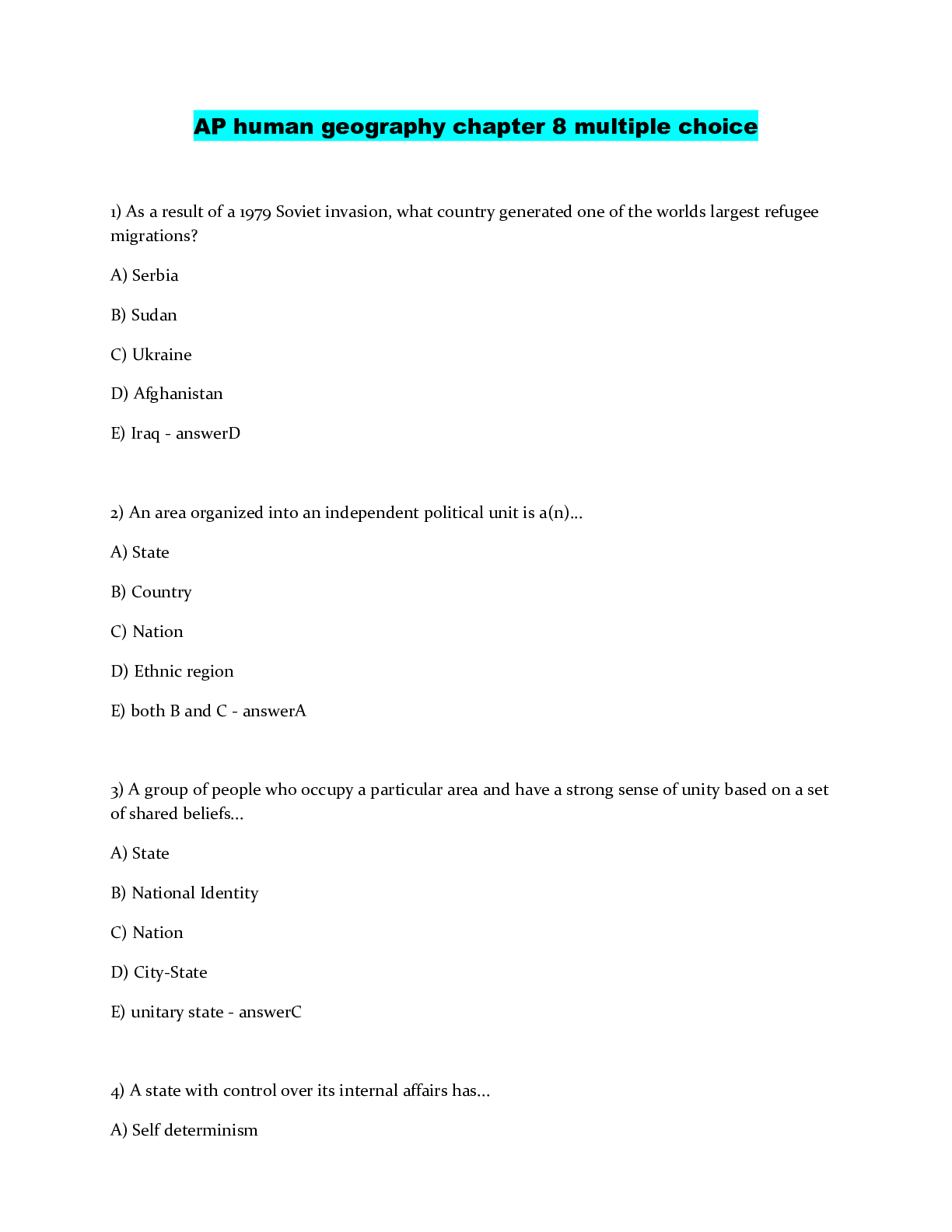 Ap human geography chapter 8 multiple choice